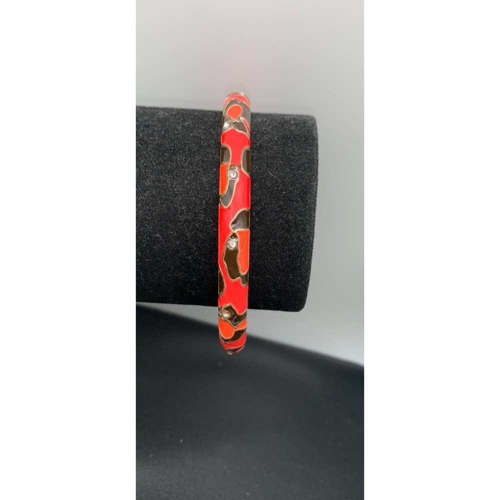 Bright Pink & Orange Enamel & Rhinestone Bangle Hinged Clamper Bracelet